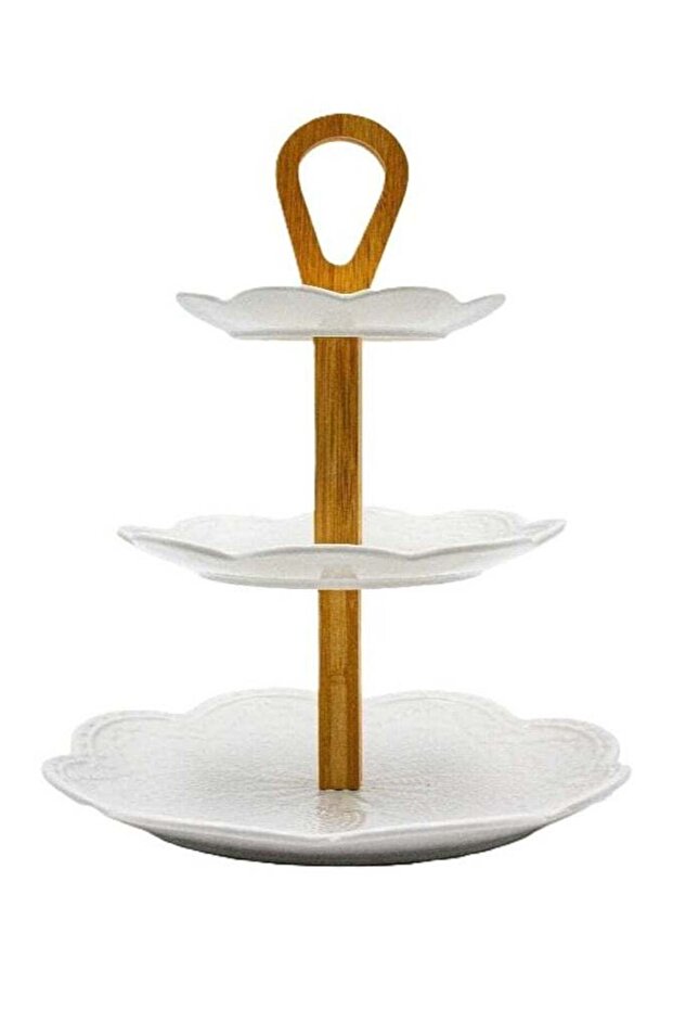 BERAM 3-Tier Ceramic Fruit Basket, White Ceramic Plates, Bamboo Wooden Stand, Kitchen Fruit Stand,