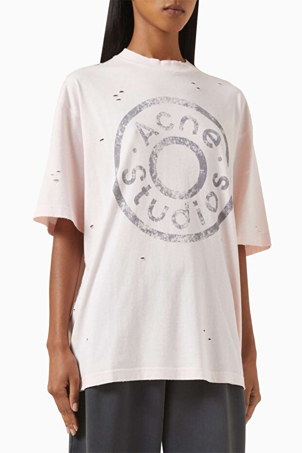 Distressed Logo T-Shirt - Pink - 75% Organic Cotton 25% Polyester - Relaxed Fit
