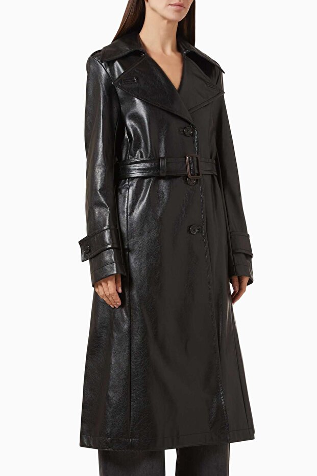 Black Size Coat - Faux Leather - 100% Polyester - Stylish Design with Adjustable Belt