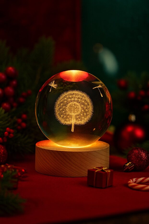 3D Karahindiba Temalı Kristal Küre Gün Işığı Led Gece Lambası – USB'li Ahşap Standlı LED Lamba - 1