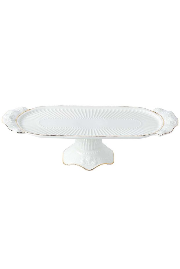 LIFE SMILE White Cake Plate with Floral Gold Stand - Luxury Bone China Pastry & Dessert Server
