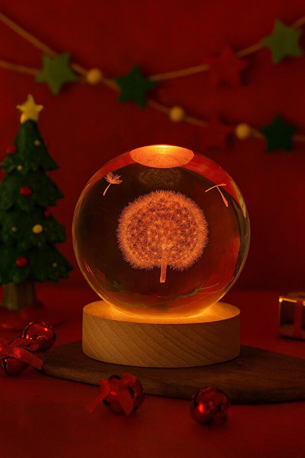 3D Karahindiba Temalı Kristal Küre Gün Işığı Led Gece Lambası – USB'li Ahşap Standlı LED Lamba - 2