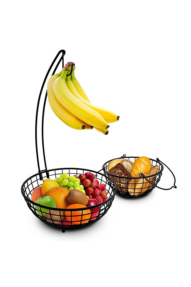 Fruit Basket, Strong Metal Fruit Bowl, 2 Tier Fruit Basket with Banana Hanger, Detachable Holder St