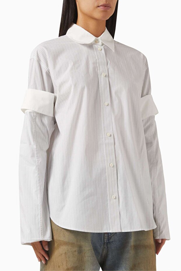 White Layered Shirt - 100% Cotton - Modern Striped Pattern and Logo Embroidery