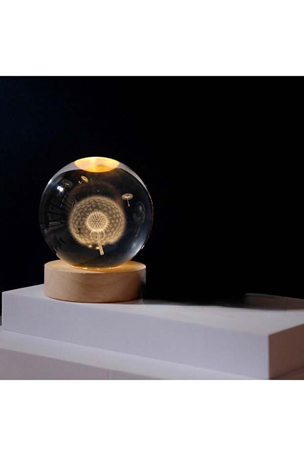 3D Karahindiba Temalı Kristal Küre Gün Işığı Led Gece Lambası – USB'li Ahşap Standlı LED Lamba - 4