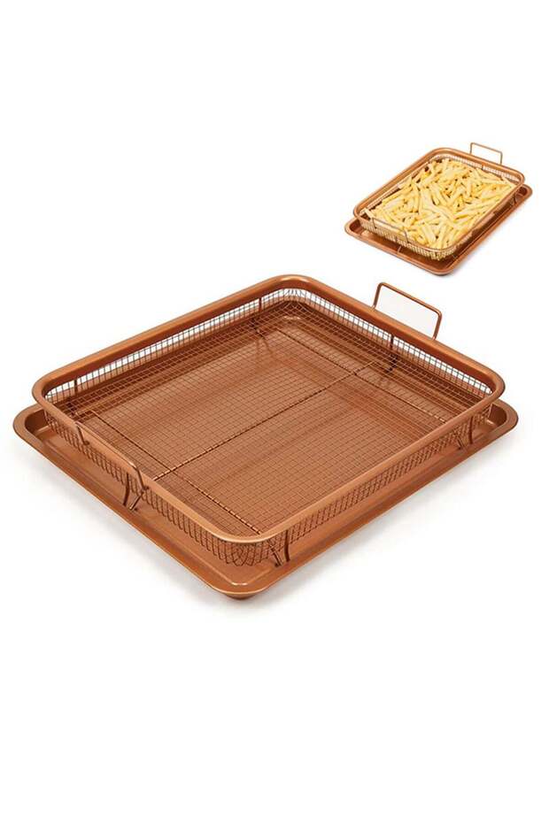 2 Piece Copper Crisper Tray Set for Air Fryer Oven Nonstick Mesh Basket & Baking Tray for French Fries Chicken 360 Degree Crispy Cooking Dishwasher Safe Oven Safe