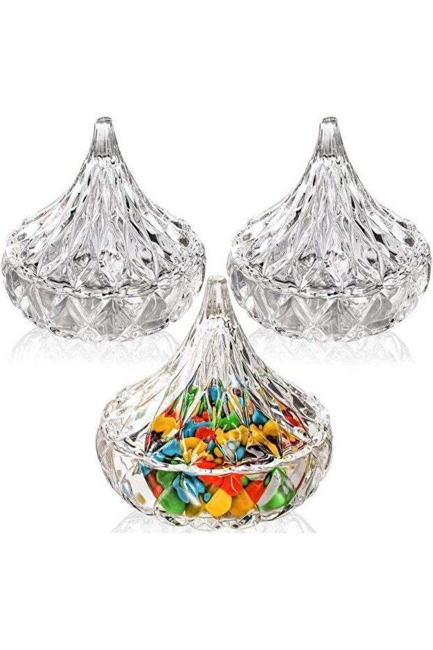FUFU Set of 3 Candy Dishes with Lids, 8cm Covered Crystal Candy Dish, Glass Sugar Container Bowl, J
