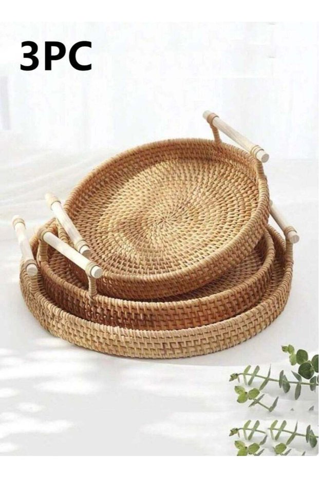 3-Piece Round Serving Woven Tray Fruit Storage Plate With Handles Brown 22, 24, 28cm