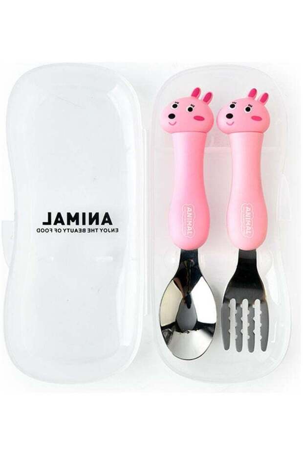 2-Piece Kids Spoon And Fork With Travel Case Pink 17.5x3x8cm