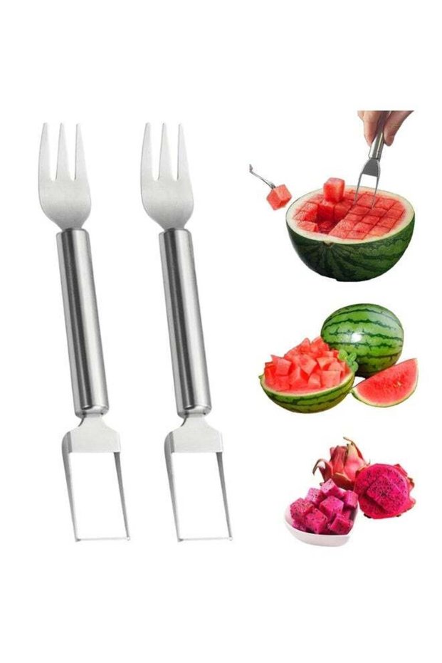 2Pcs 2-in-1 Watermelon Fork Slicer Cutter, Stainless Steel Watermelon Slicer Tool, Portable Fruit Cutter Kitchen Gadgets for Camping, Picnics Home Use