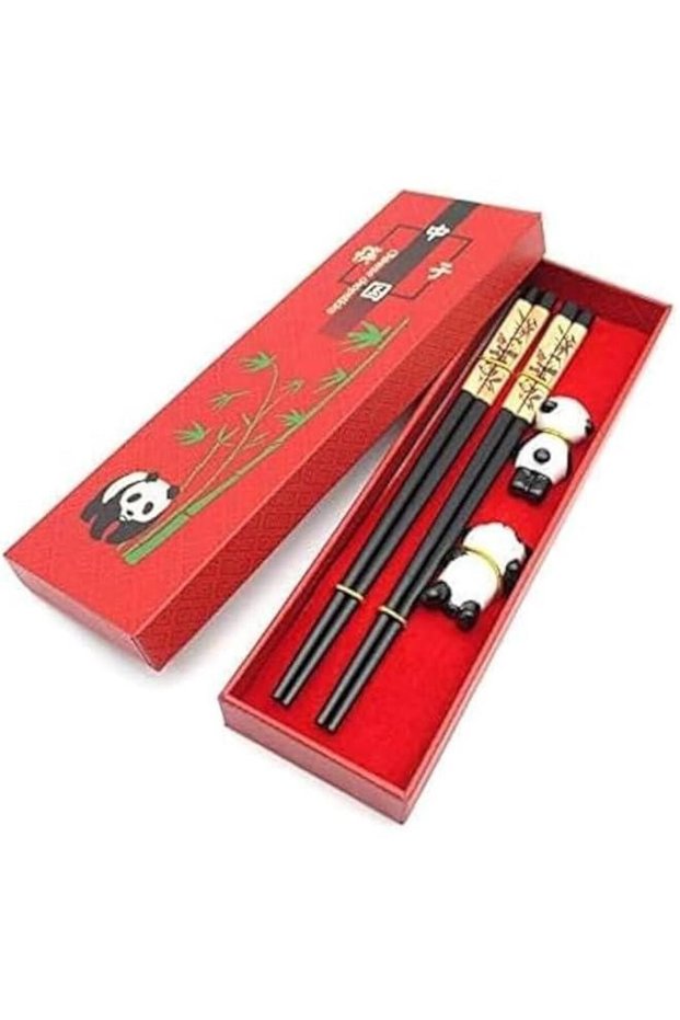 Chopsticks and Chopsticks Panda Holder,2 Pairs Reusable Chopsticks with Delicate box, Washable and Dishwasher Safe, Natural Wooden Chinese Japanese Korean Classic Stylish Easy To Use Non-Slip