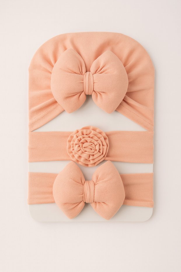 0-18 Months Baby Girl Set of 3 – Bow Bonnet, Bow Hairband, Rose Hairband