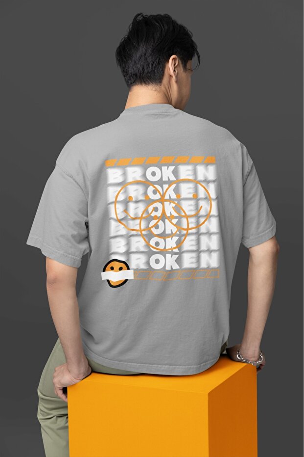 Men's Broken Smiling Front Back Transfer Printed Round Neck Short Sleeve T-Shirt