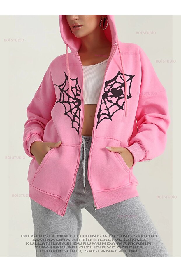Heart Spider Web Printed Sweatshirt Zippered Cardigan - Pink 3 Thread Oversize Pocket Loose Hooded