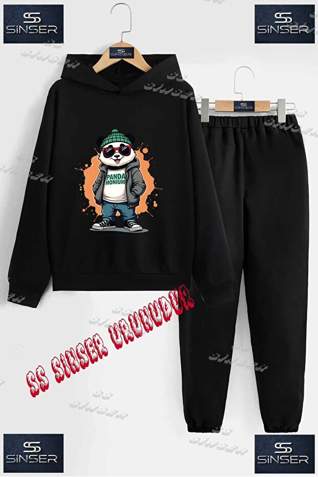 Children's Unisex "Panda Monium Green Beanie" Special Printed Hooded Tracksuit Set