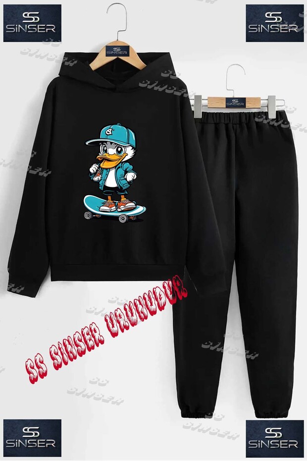 Children's Unisex "Duck Turquoise Skateboard" Special Printed Hooded Tracksuit Set
