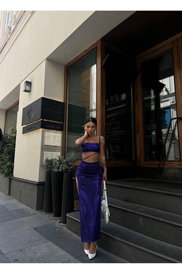 Sandy Full Stretch Fabric Fabric Bustier Asymmetrical Slit Long Skirt Dress