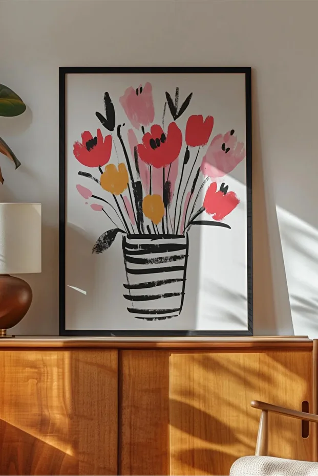 Çiçek Vazo tasarımlı Çerçeve Görünümlü Mdf Tablo - 1