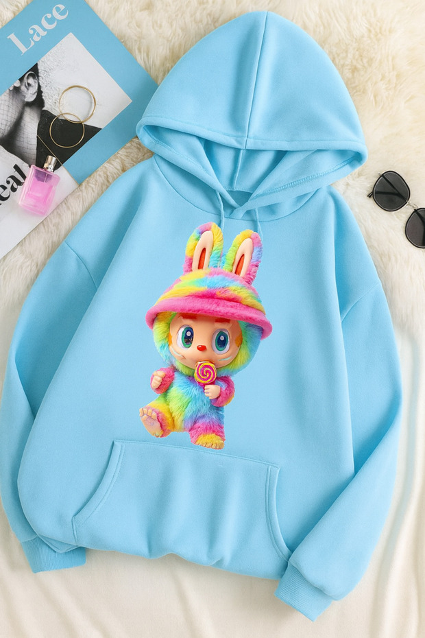 سويت شيرت مطبوع عليه 3 خيوط للجنسين مقاس كبير – نمط أرنب لابوبو - 1