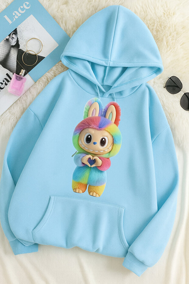 سويت شيرت مطبوع عليه 3 خيوط للجنسين مقاس كبير – نمط أرنب لابوبو 🐰 🦋 - 1