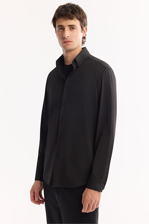Erkek Siyah Kolay Ütülenebilir Uzun Kollu Regular Fit Gömlek A52Y2107 - 5