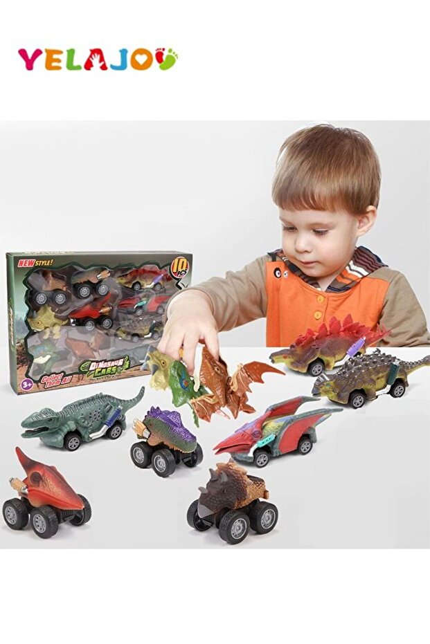 10-Piece Dinosaur Toy Set, 7 Cars + 3 Finger Dinosaurs, Imaginative Play for Kids 3+