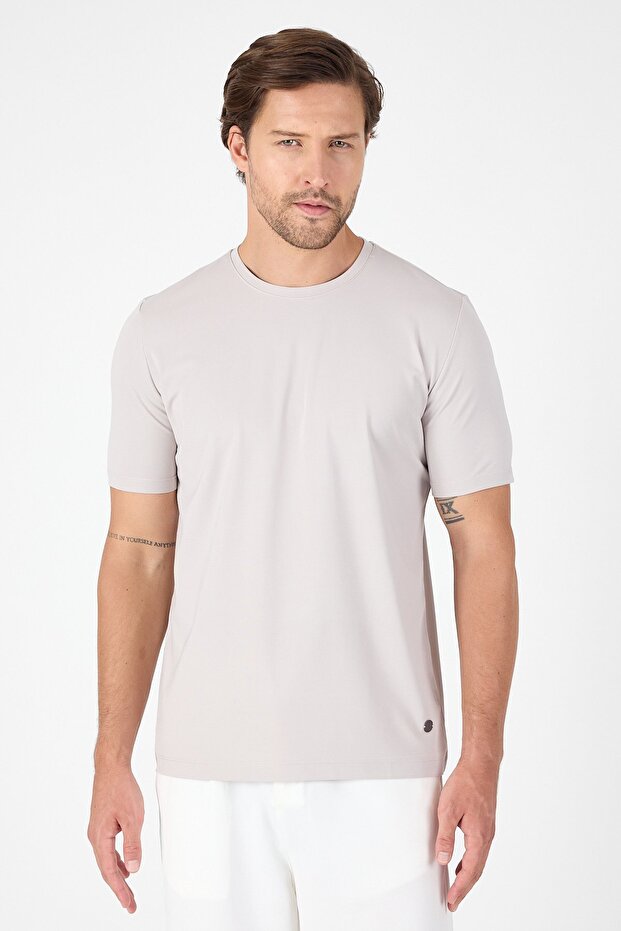 Men's Light Beige Short Sleeve Crew Neck Cotton Slim Fit T-Shirt 1011250165