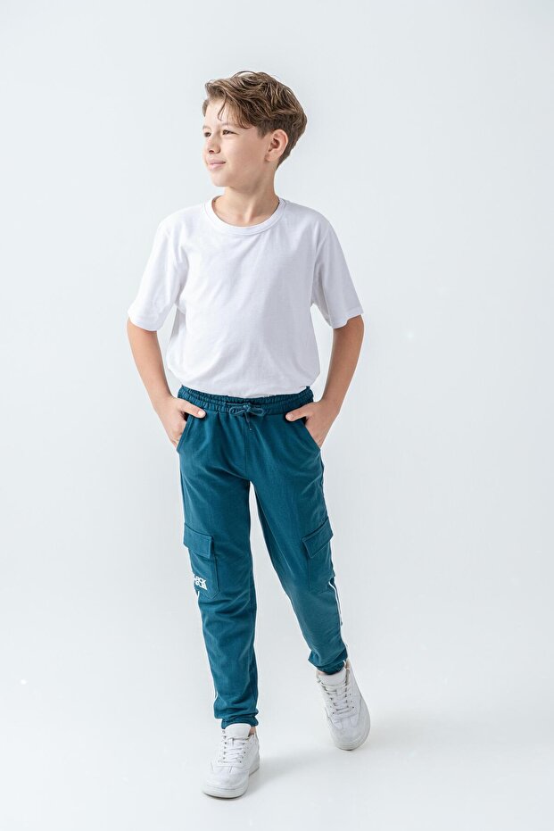 Right Pocket Printed Double Leg Piping Boys' Sweatpants with Double Cargo Pockets