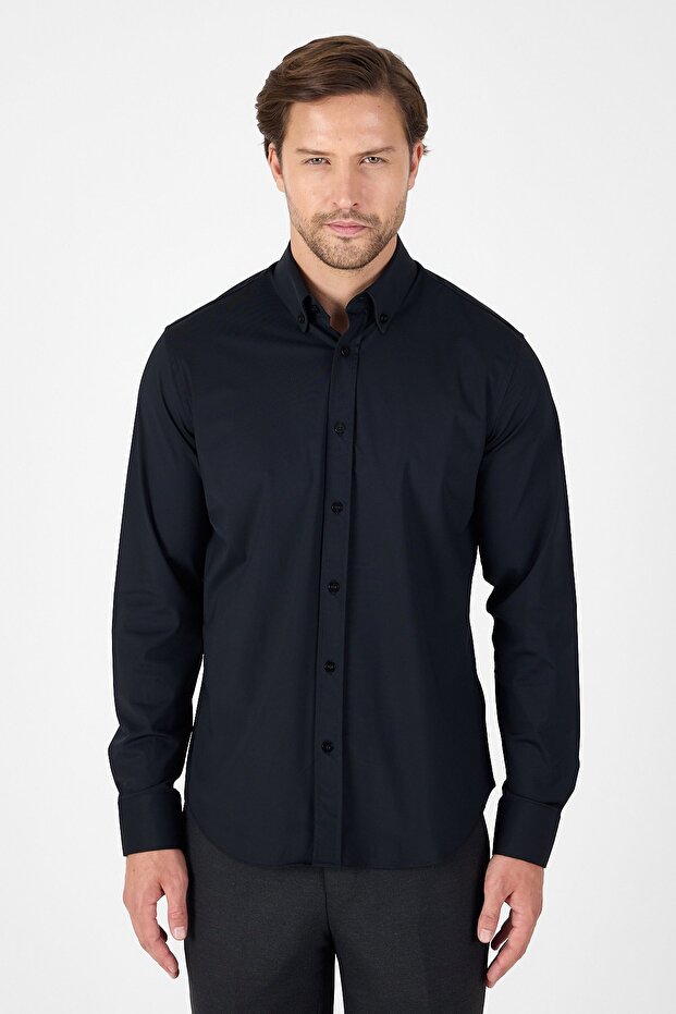 Men's Black Long Sleeve Buttoned Collar Slim Fit Shirt 1004250270