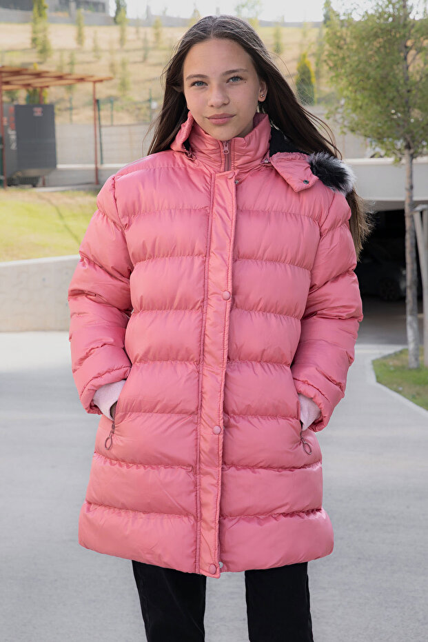 Pink Fur Inside Snap Fastener Hooded Girl's down Jacket 21319