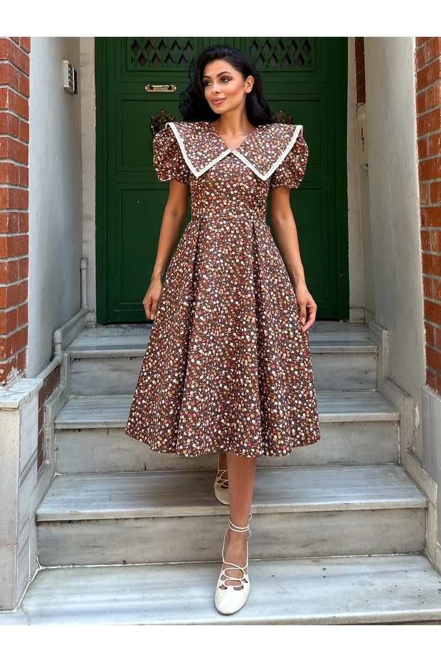Vintage Large-Collar Brown Floral Short-Sleeve Flared Dress
