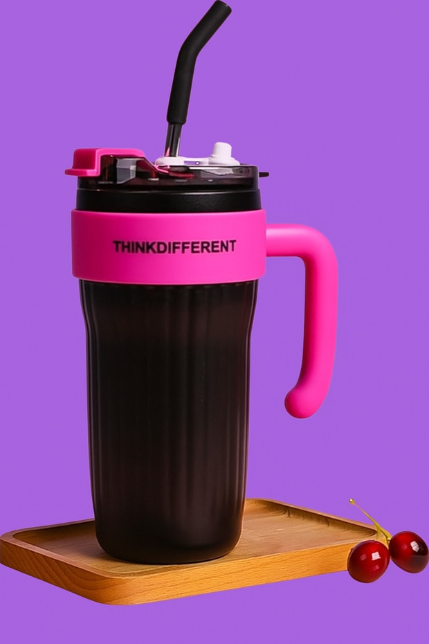 Think Different Large Insulated Mug with Handle and Straw – Leakproof, Portable Hot & Cold Drinks