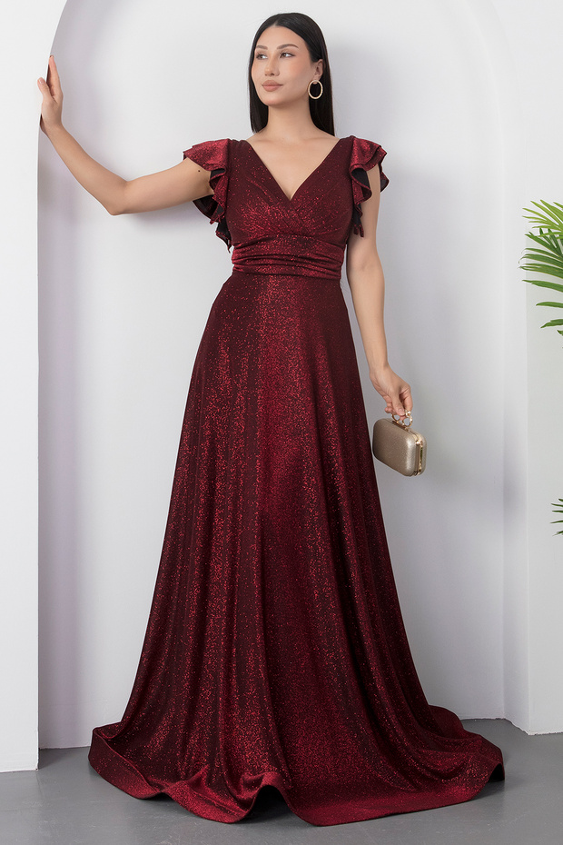 Kol Volanlı Simli Abiye Elbise 39925 - 3