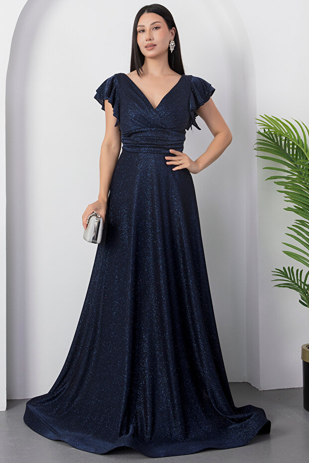 Kol Volanlı Simli Abiye Elbise 39925 - 5