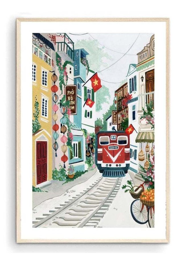 Hanoi Vietnam Train Street Art Print Southeast Asia Wall Art (30x40 cm) Outer Frame