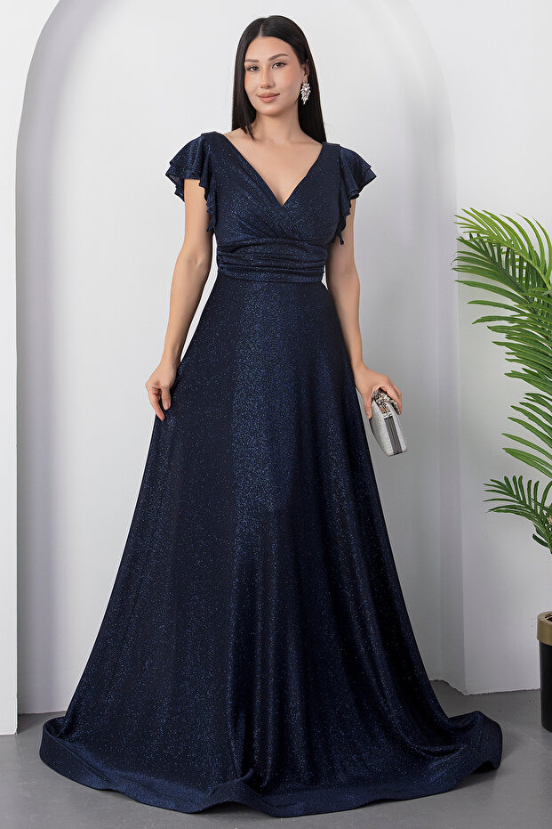 Kol Volanlı Simli Abiye Elbise 39925 - 4