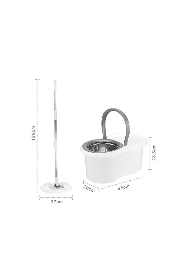 White bucket set with wringer and rotating mop, 360° telescopic handle, stainless steel wringing basket and 2 cloths - 2
