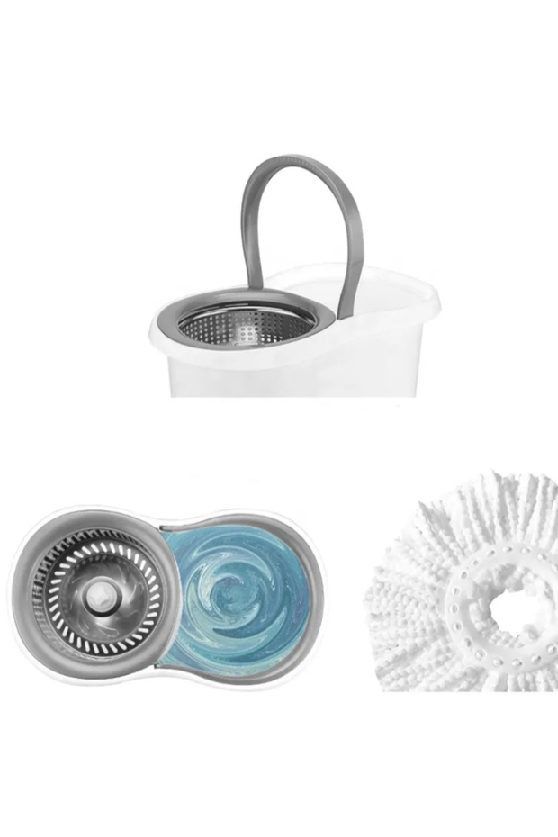 White bucket set with wringer and rotating mop, 360° telescopic handle, stainless steel wringing basket and 2 cloths - 5