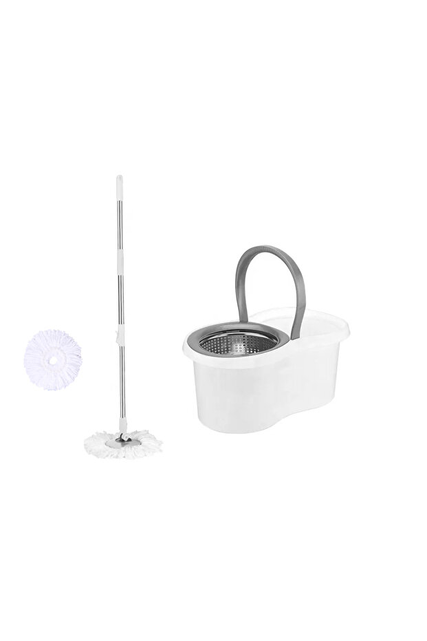 White bucket set with wringer and rotating mop, 360° telescopic handle, stainless steel wringing basket and 2 cloths - 1