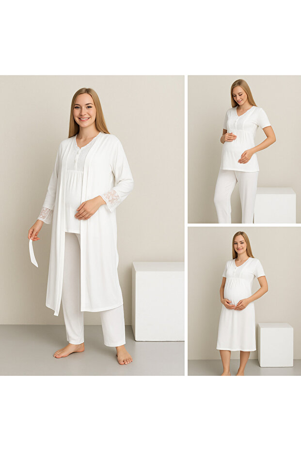 White Lace Detailed Maternity and Postpartum Pajama Set Suitable for Breastfeeding