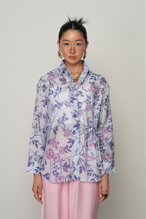Women's Yandan Binding Detail Purple-Blue Flowered Shirt
