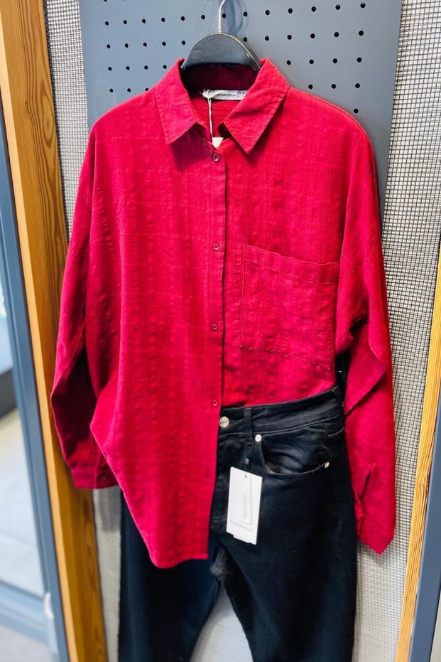 Women's Burgundy Oversize Pocket Detailed Textured 100% Cotton Shirt (Buy 1 Size Small)