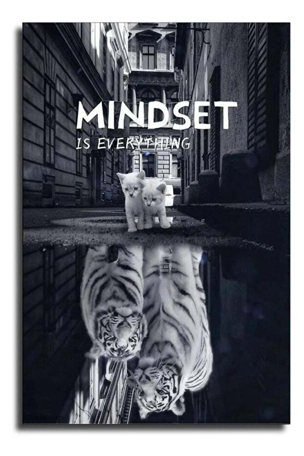 Mindset Is Everything Motivational Cat and Tiger Poster Decor (30x40 cm) Framed