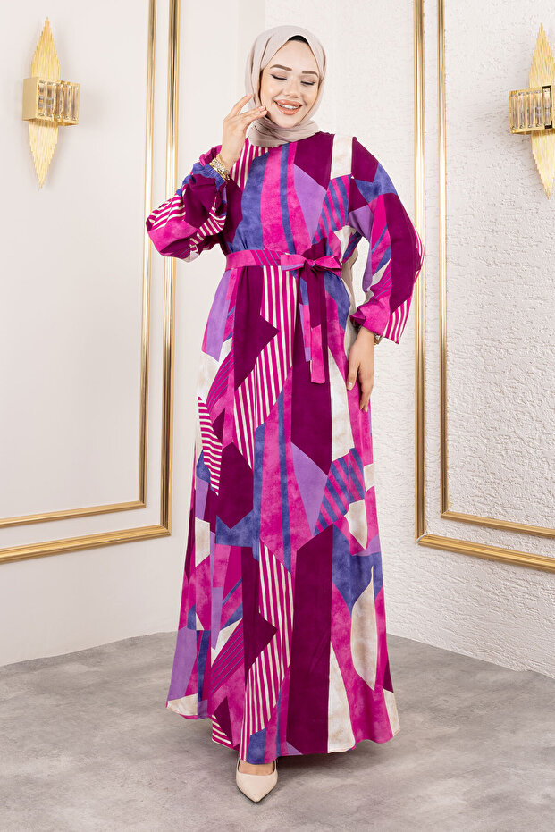 Geometric Patterned Waist Belted Viscose Long Modest Dress Tsd250213 Fuchsia