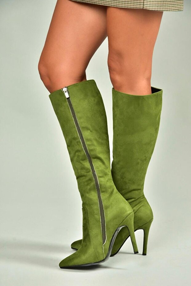 N372530102 Green Suede Thin Heeled Women's Boots