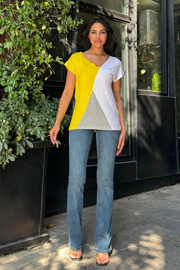 Beyaz Sarı Penye Basic Bluz - 5