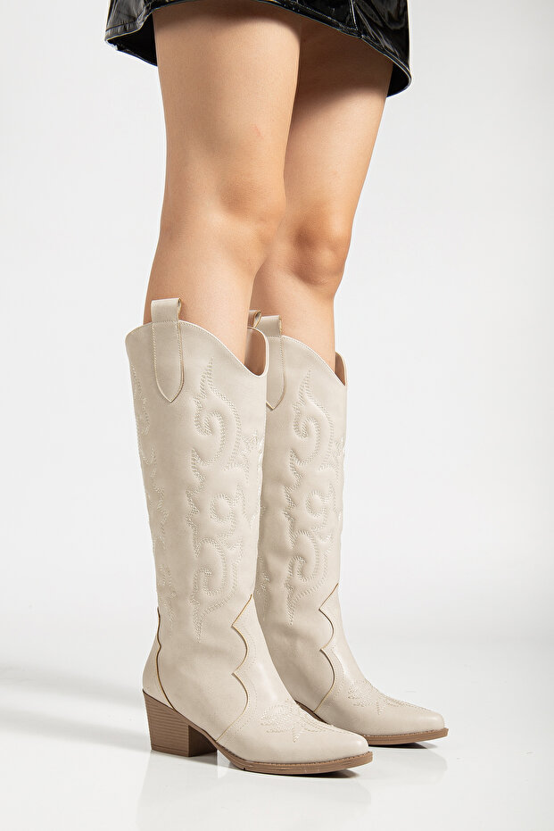 Women's Covered White Embroidery Detailed Long Stylish Cowboy Boots
