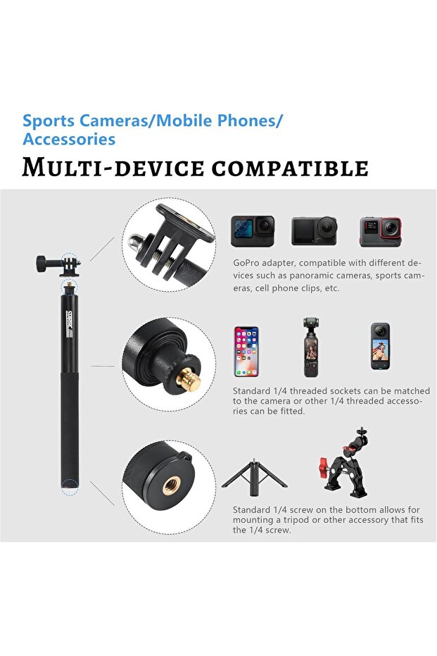 CENXI Invisible Selfie Stick, 1/4 Extended Monopod Pole, Solid and Compact Design for Insta360, for - 7