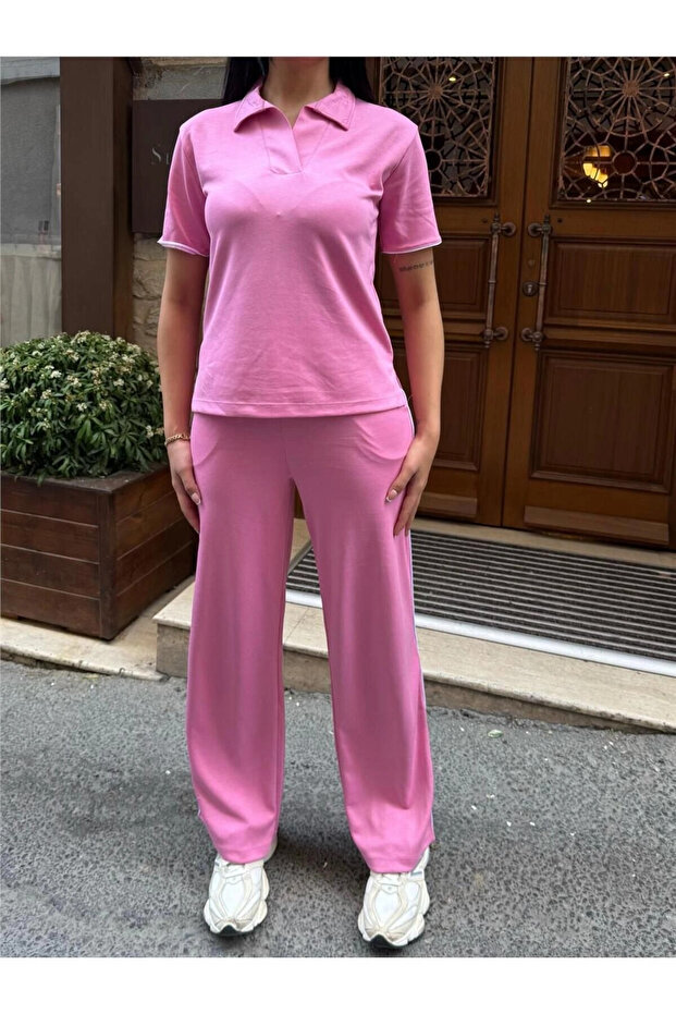 Pink Polyester Elastane Polo Neck Suit - 1