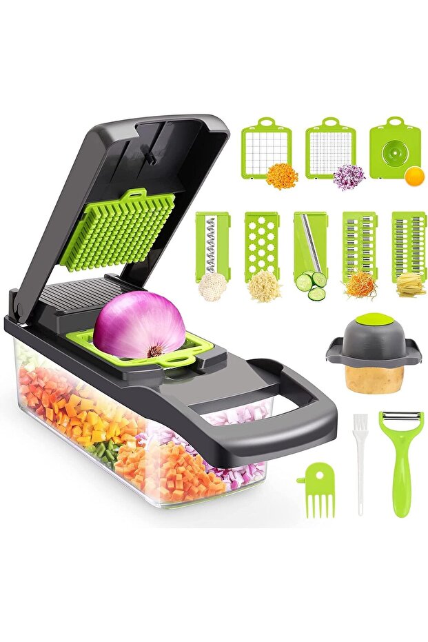 NEW Vegetable Chopper, Multifunctional 13-in-1 Food Chopper with 8 Blades, Colander Basket, Containe